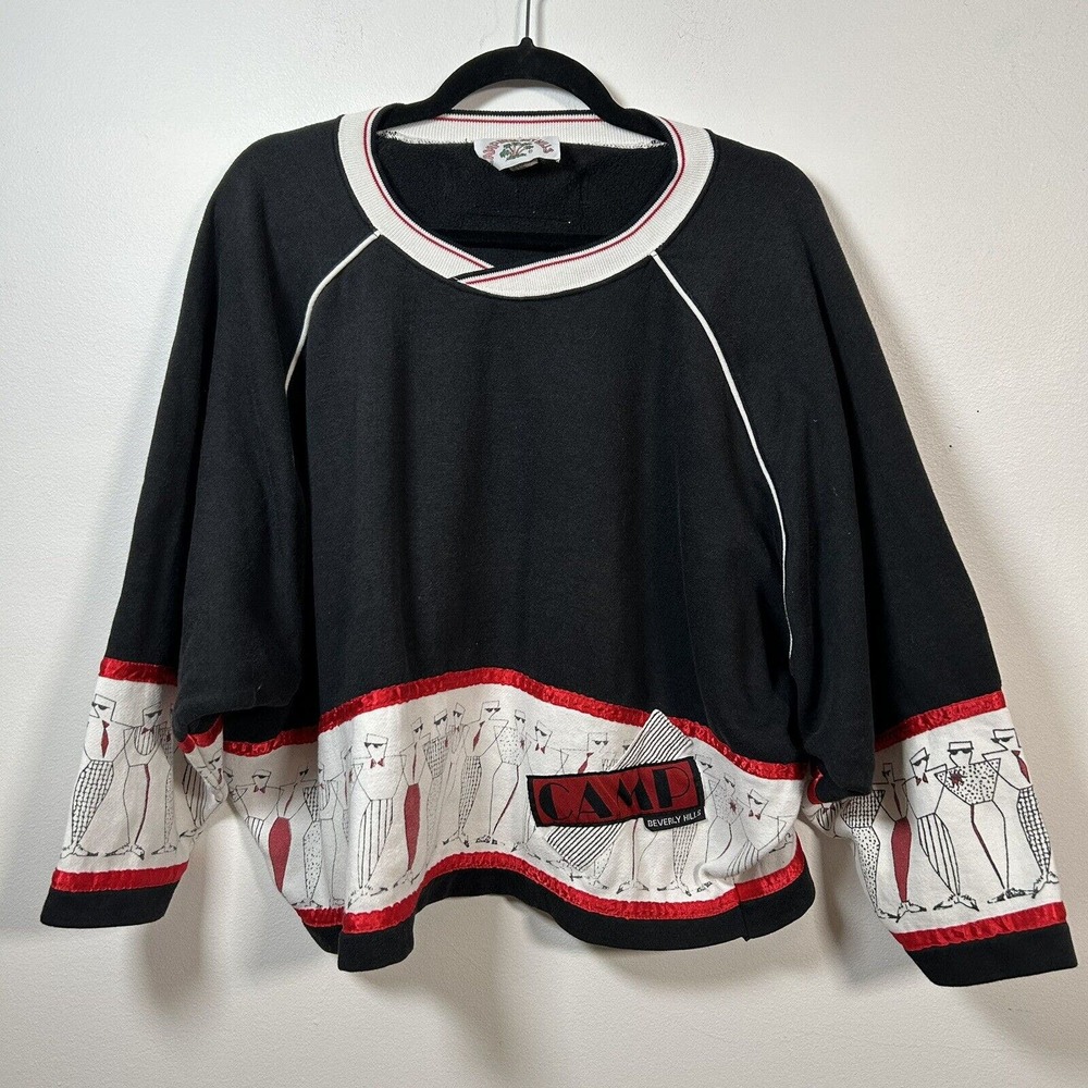 Vintage 1980s Camp Beverly Hills Cropped Sweatshirt Medium M 80s Black Red